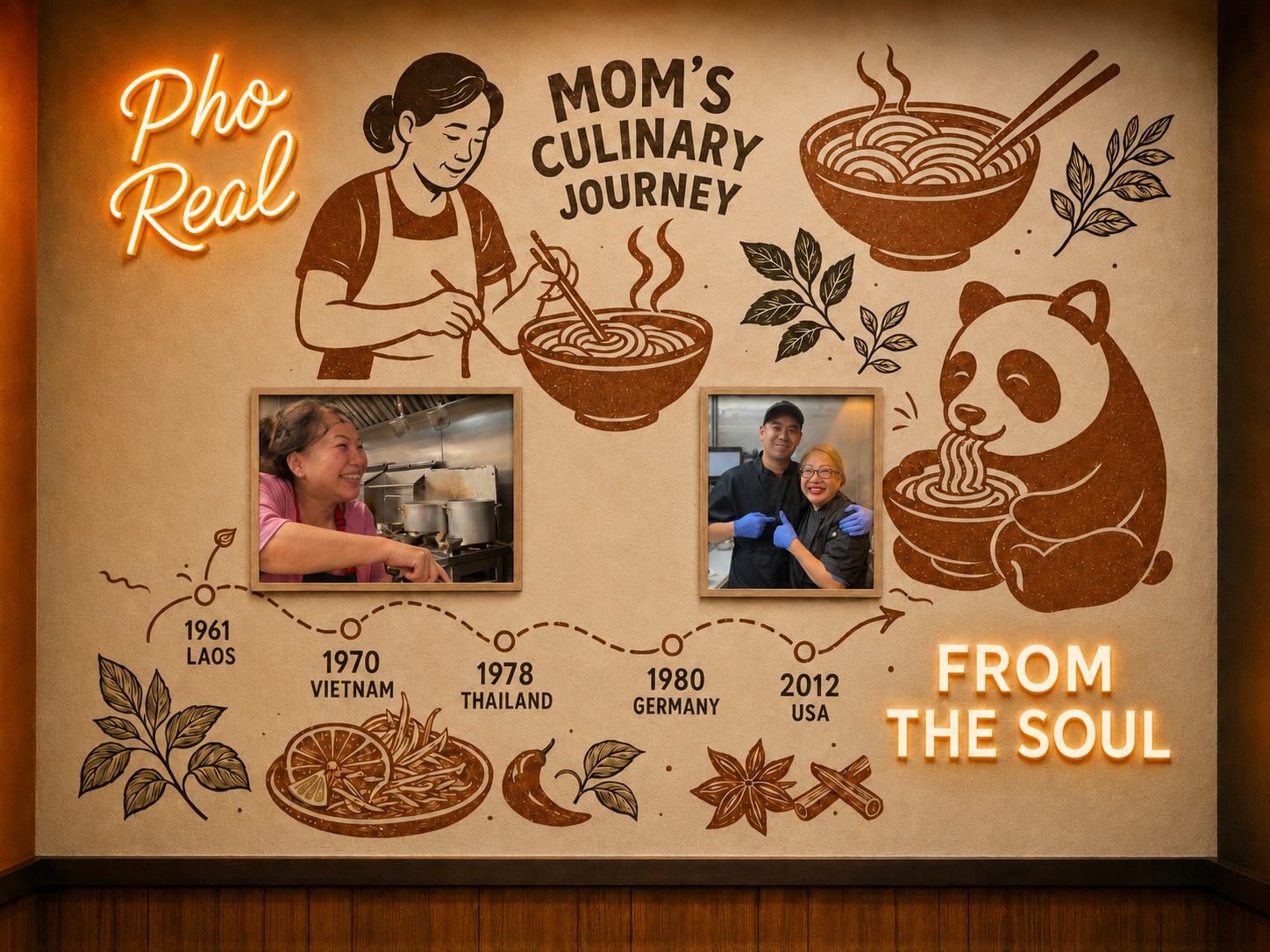 Mom's Culinary Journey mural inside the restaurant, mapping our family's path from Laos to Vietnam, Thailand, Germany, and the USA